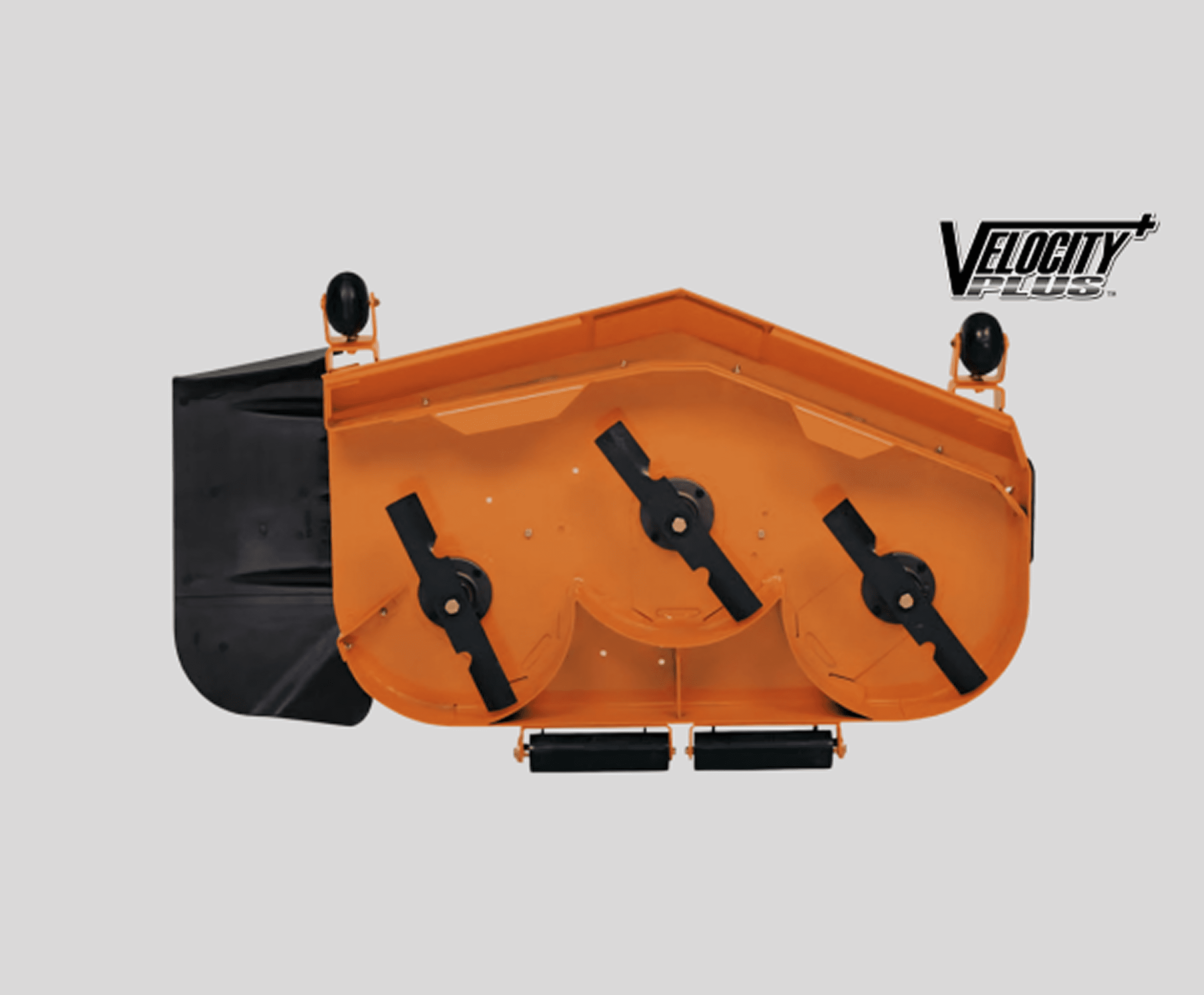 Orange lawn mower deck with three blades.