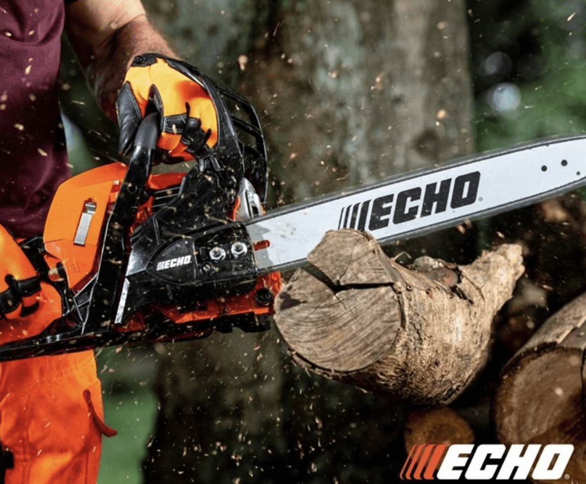 Person using Echo chainsaw to cut wood.