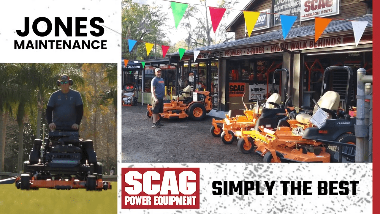 Lawn equipment showcase with Scag mowers.